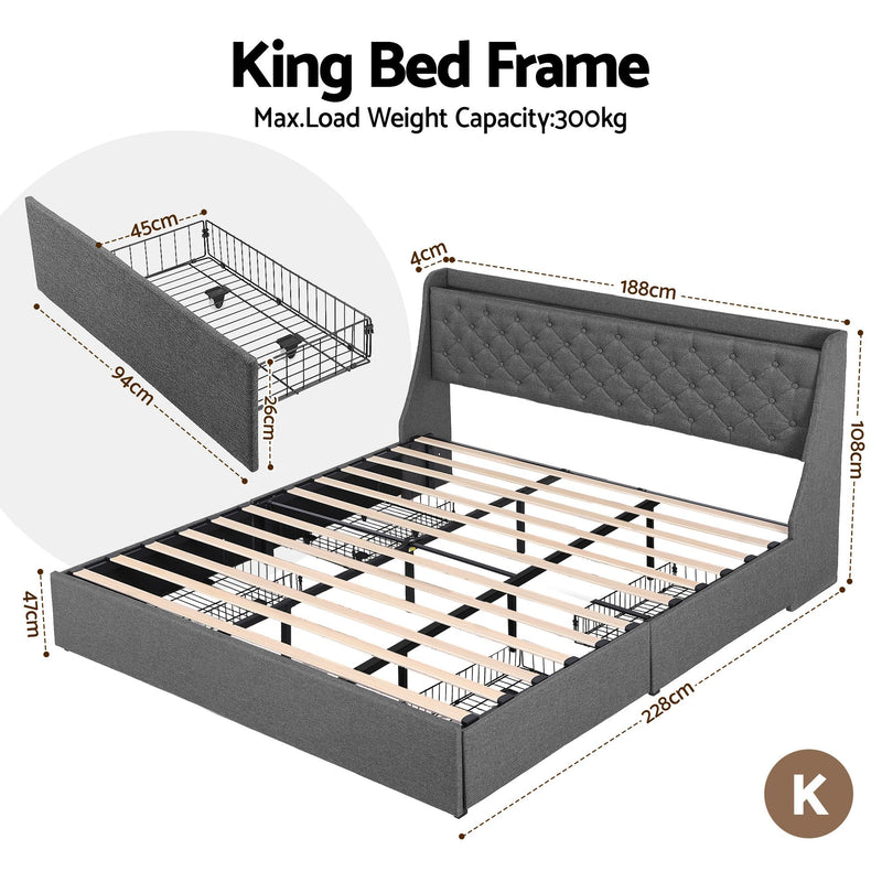 Artiss King Bed Frame with 4 Storage Drawers and Charging Station Tufted Wingback Headboard 300kg Loads Charcoal Grey - Lucendi Home
