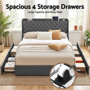 Artiss King Bed Frame with 4 Storage Drawers and Charging Station Tufted Wingback Headboard 300kg Loads Charcoal Grey - Lucendi Home