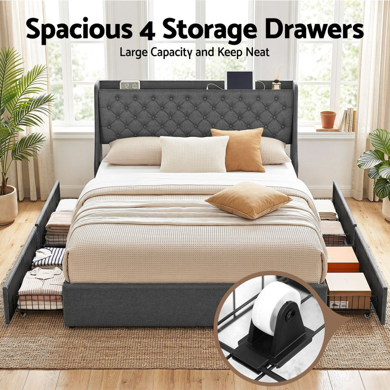Artiss King Bed Frame with 4 Storage Drawers and Charging Station Tufted Wingback Headboard 300kg Loads Charcoal Grey - Lucendi Home