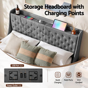 Artiss King Bed Frame with 4 Storage Drawers and Charging Station Tufted Wingback Headboard 300kg Loads Charcoal Grey - Lucendi Home