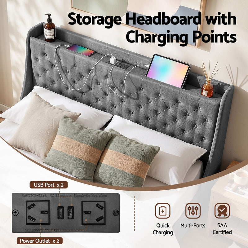 Artiss King Bed Frame with 4 Storage Drawers and Charging Station Tufted Wingback Headboard 300kg Loads Charcoal Grey - Lucendi Home