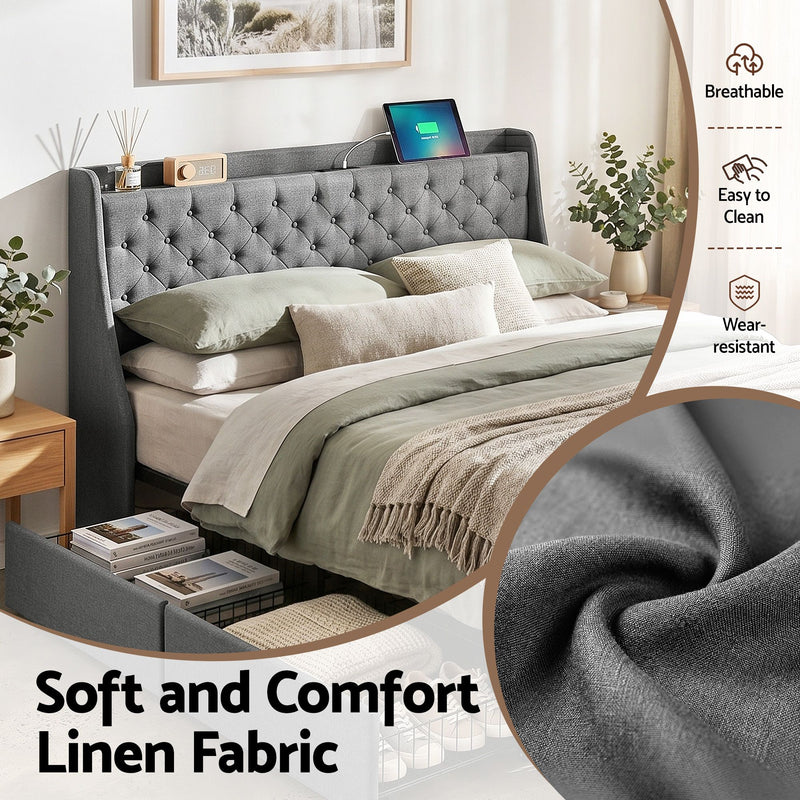Artiss King Bed Frame with 4 Storage Drawers and Charging Station Tufted Wingback Headboard 300kg Loads Charcoal Grey - Lucendi Home