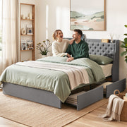 Artiss King Bed Frame with 4 Storage Drawers and Charging Station Tufted Wingback Headboard 300kg Loads Charcoal Grey - Lucendi Home