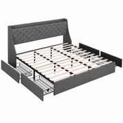 Artiss King Bed Frame with 4 Storage Drawers and Charging Station Tufted Wingback Headboard 300kg Loads Charcoal Grey - Lucendi Home