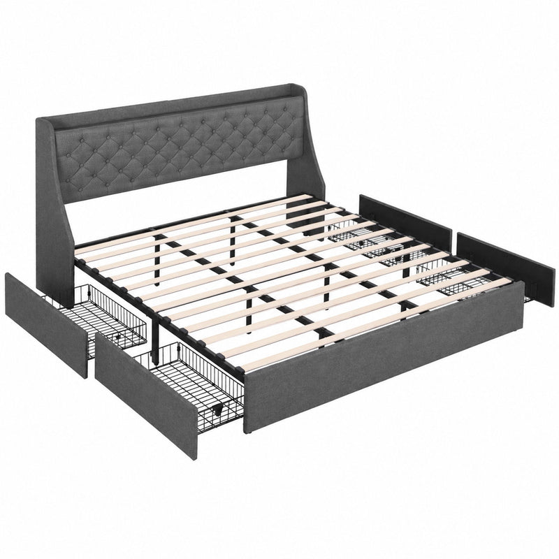 Artiss King Bed Frame with 4 Storage Drawers and Charging Station Tufted Wingback Headboard 300kg Loads Charcoal Grey - Lucendi Home