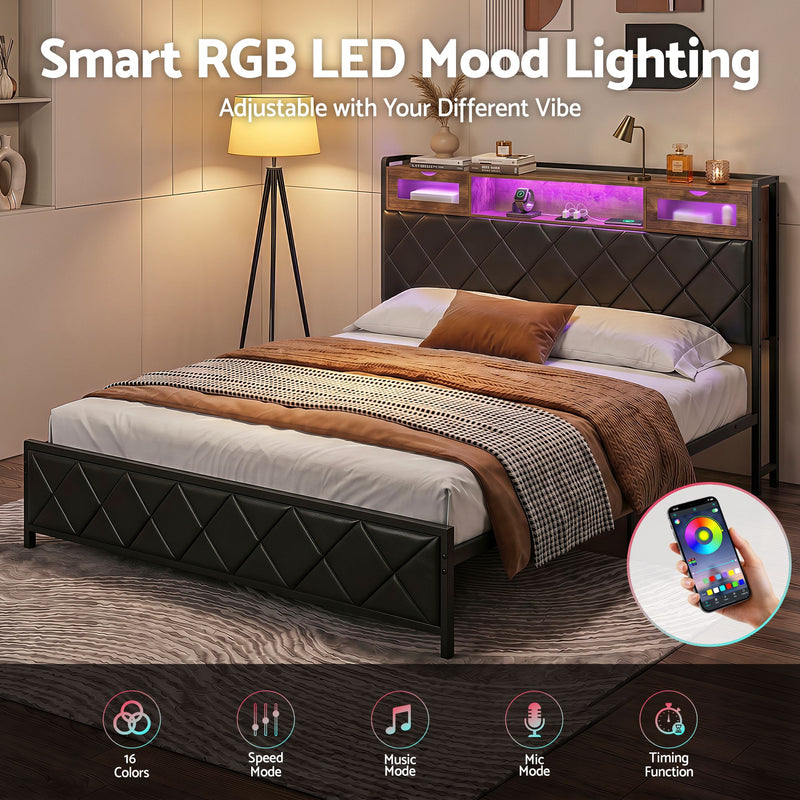 Artiss King Bed Frame with LED Lights and Storage Headboard Charging Station - Lucendi Home