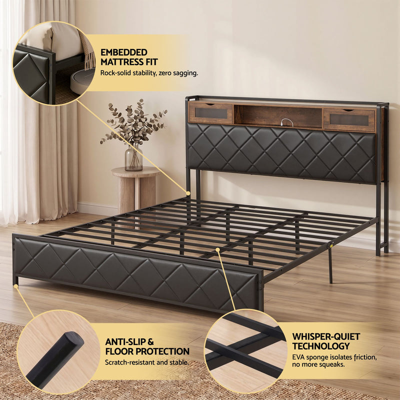 Artiss King Bed Frame with LED Lights and Storage Headboard Charging Station - Lucendi Home