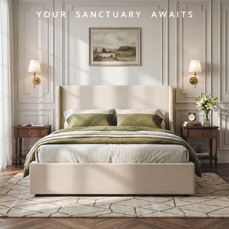 Artiss King Upholstered Bed Frame with 3 Storage Drawers Wingback Headboard Heavy Duty Metal Platform Base - Lucendi Home