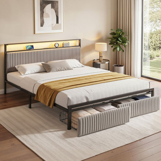 Artiss Metal Bed Frame King Size LED Charging Station 2 Drawers - Lucendi Home