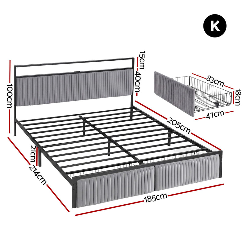 Artiss Metal Bed Frame King Size LED Charging Station 2 Drawers - Lucendi Home