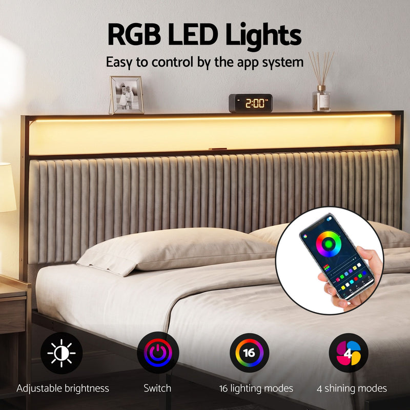 Artiss Metal Bed Frame King Size LED Charging Station 2 Drawers - Lucendi Home
