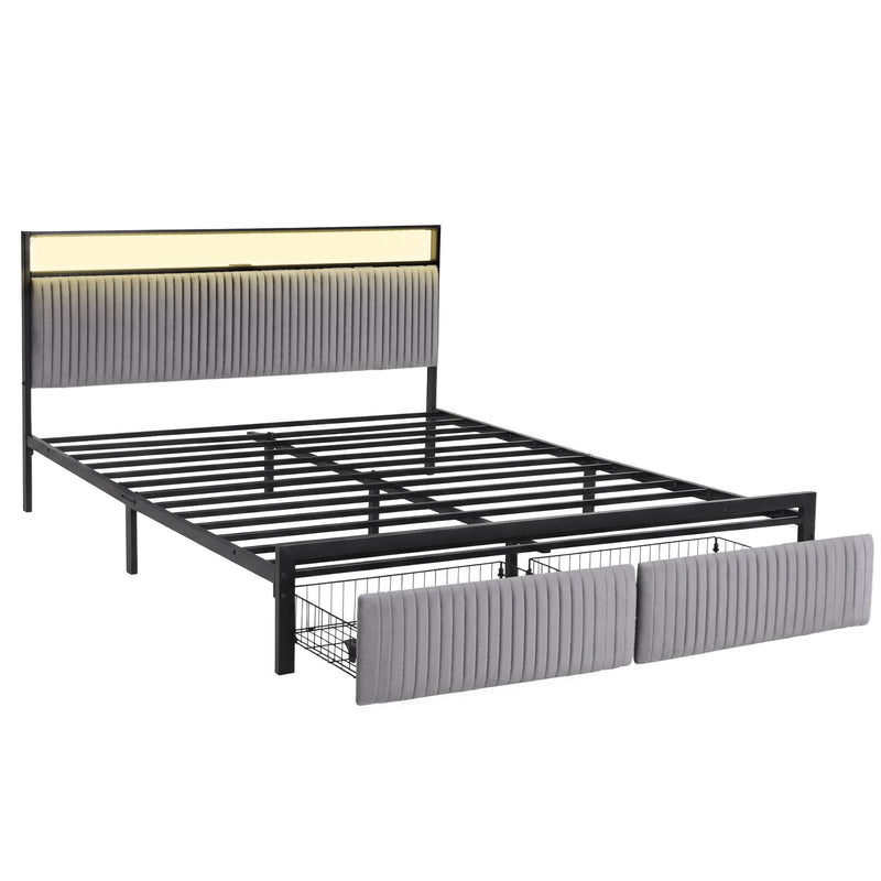 Artiss Metal Bed Frame King Size LED Charging Station 2 Drawers - Lucendi Home