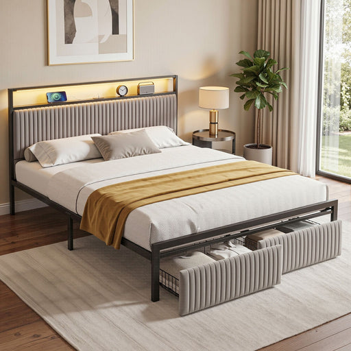 Artiss Metal Bed Frame Queen Size LED Charging Station 2 Drawers - Lucendi Home