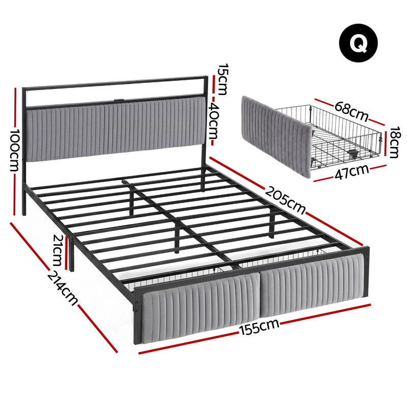 Artiss Metal Bed Frame Queen Size LED Charging Station 2 Drawers - Lucendi Home