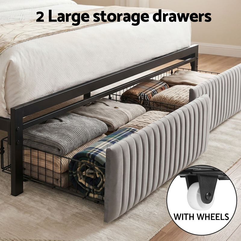 Artiss Metal Bed Frame Queen Size LED Charging Station 2 Drawers - Lucendi Home