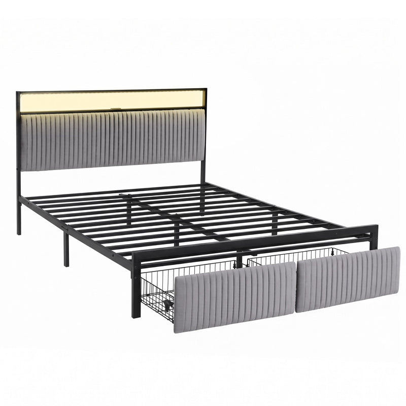 Artiss Metal Bed Frame Queen Size LED Charging Station 2 Drawers - Lucendi Home