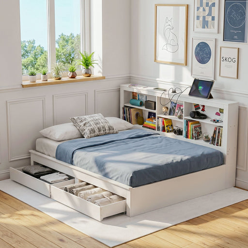 Artiss Noise-Free White Farmhouse Solid Wood Double Platform Bed Frame with Storage Headboard, Charging Station and Drawers for Bedroom and Apartment - Lucendi Home