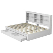 Artiss Noise-Free White Farmhouse Solid Wood Double Platform Bed Frame with Storage Headboard, Charging Station and Drawers for Bedroom and Apartment - Lucendi Home