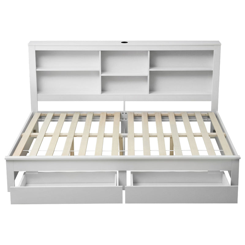 Artiss Noise-Free White Farmhouse Solid Wood Double Platform Bed Frame with Storage Headboard, Charging Station and Drawers for Bedroom and Apartment - Lucendi Home
