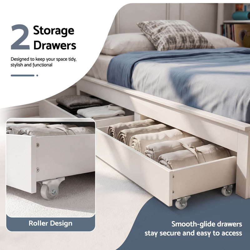 Artiss Noise-Free White Farmhouse Solid Wood Double Platform Bed Frame with Storage Headboard, Charging Station and Drawers for Bedroom and Apartment - Lucendi Home