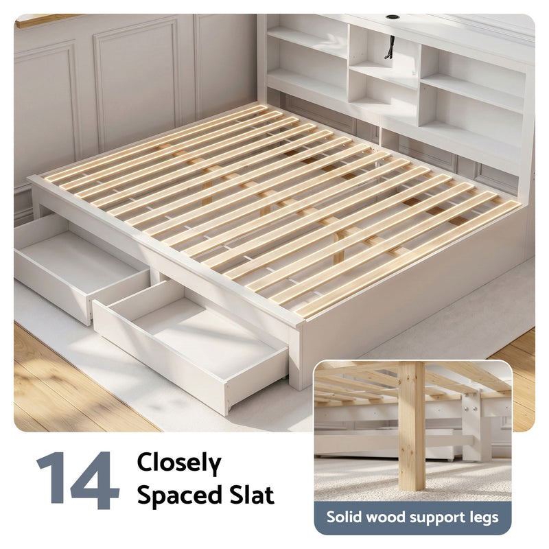 Artiss Noise-Free White Farmhouse Solid Wood Double Platform Bed Frame with Storage Headboard, Charging Station and Drawers for Bedroom and Apartment - Lucendi Home