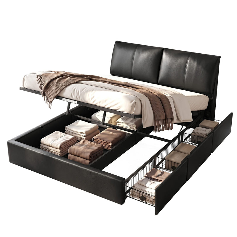 Artiss Queen Bed Frame Gas Lift Storage 3 Drawers Adjustable Headboard Platform Bed Black - Lucendi Home