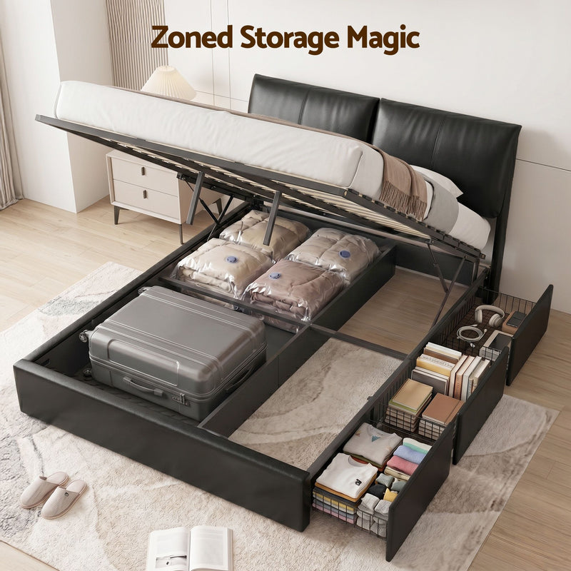 Artiss Queen Bed Frame Gas Lift Storage 3 Drawers Adjustable Headboard Platform Bed Black - Lucendi Home