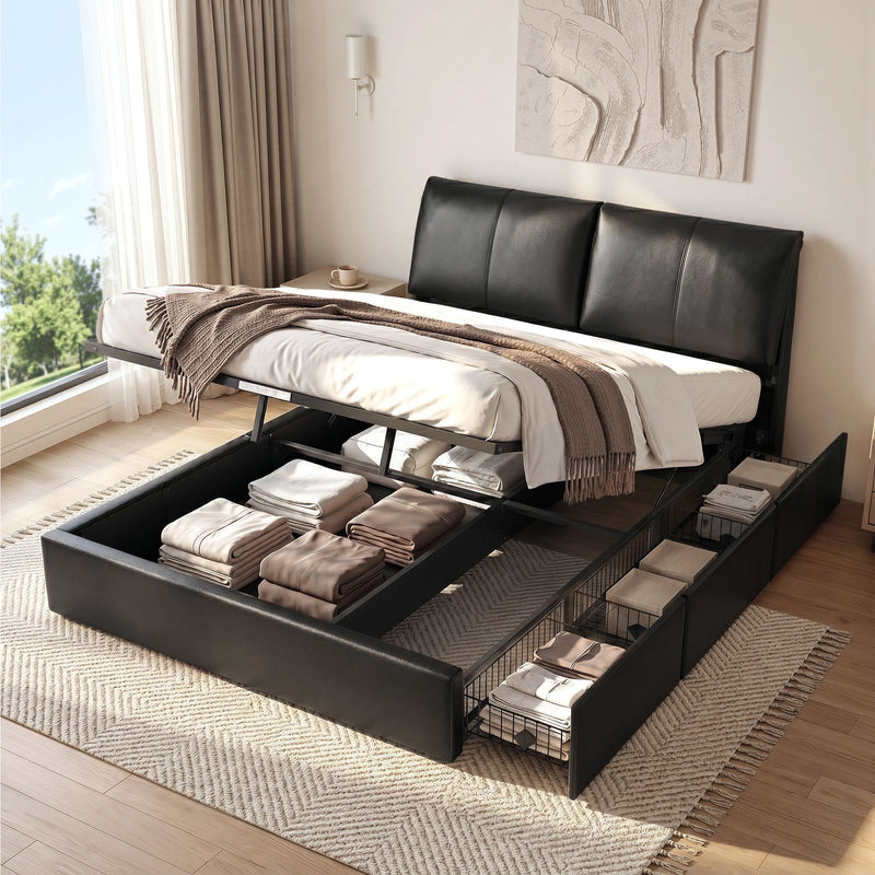 Artiss Queen Bed Frame Gas Lift Storage 3 Drawers Adjustable Headboard Platform Bed Black - Lucendi Home