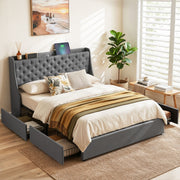 Artiss Queen Bed Frame with 4 Storage Drawers and Charging Station Tufted Wingback Headboard 300kg Loads Charcoal Grey - Lucendi Home
