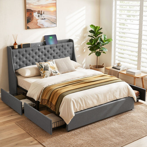 Artiss Queen Bed Frame with 4 Storage Drawers and Charging Station Tufted Wingback Headboard 300kg Loads Charcoal Grey - Lucendi Home