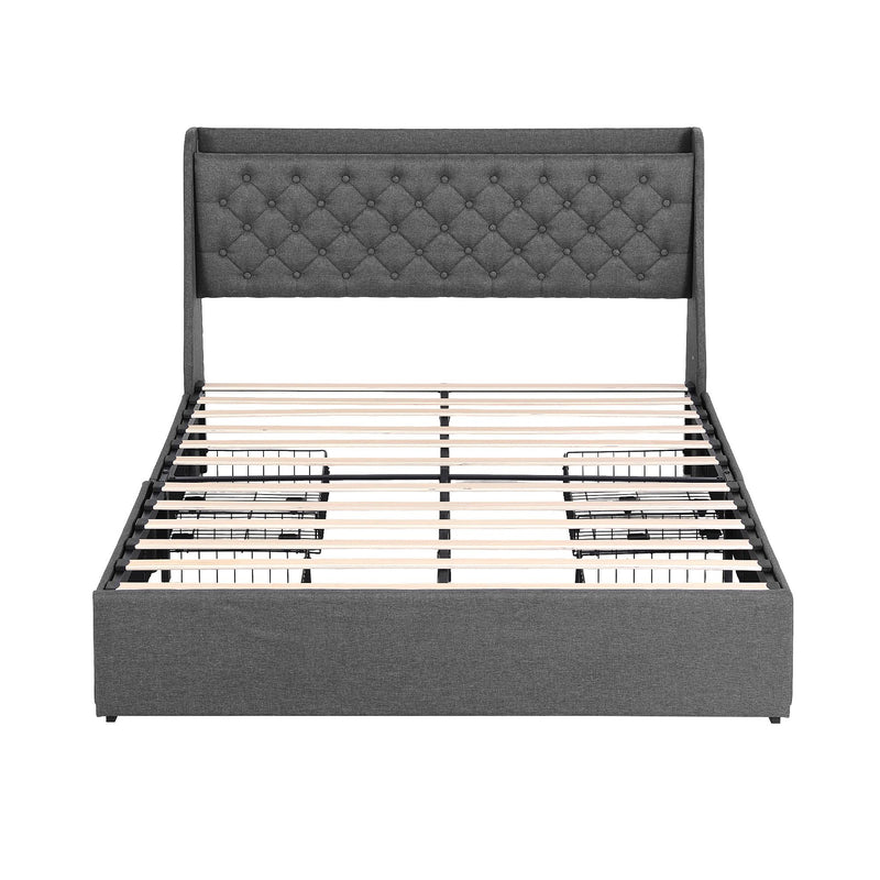 Artiss Queen Bed Frame with 4 Storage Drawers and Charging Station Tufted Wingback Headboard 300kg Loads Charcoal Grey - Lucendi Home
