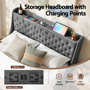 Artiss Queen Bed Frame with 4 Storage Drawers and Charging Station Tufted Wingback Headboard 300kg Loads Charcoal Grey - Lucendi Home