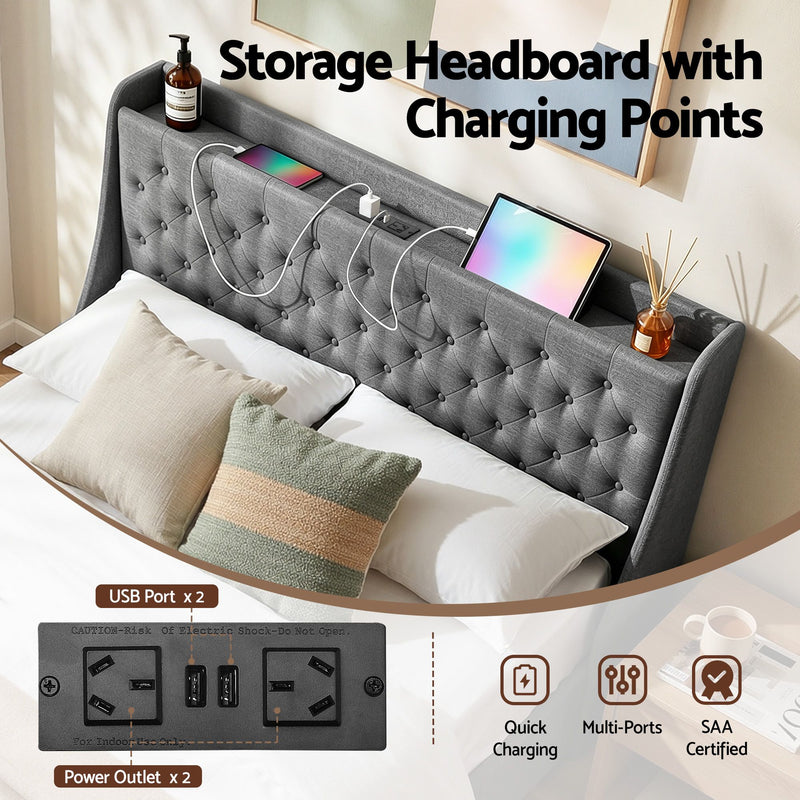Artiss Queen Bed Frame with 4 Storage Drawers and Charging Station Tufted Wingback Headboard 300kg Loads Charcoal Grey - Lucendi Home