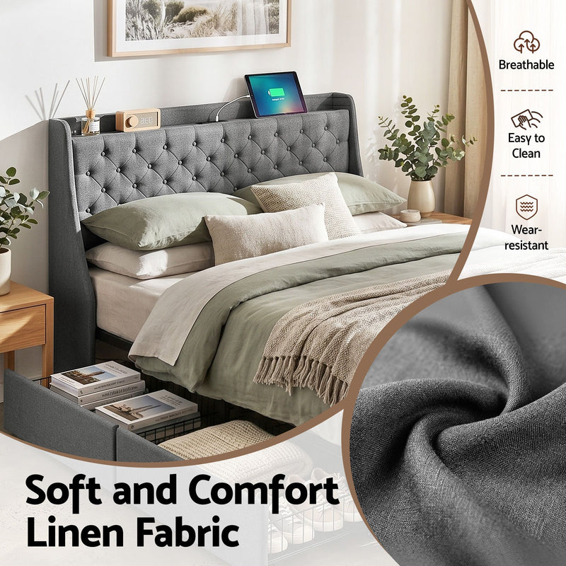 Artiss Queen Bed Frame with 4 Storage Drawers and Charging Station Tufted Wingback Headboard 300kg Loads Charcoal Grey - Lucendi Home