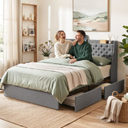 Artiss Queen Bed Frame with 4 Storage Drawers and Charging Station Tufted Wingback Headboard 300kg Loads Charcoal Grey - Lucendi Home
