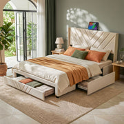 Artiss Queen Bed Frame with Charging Station and Storage Drawers Beige 300KG Noise Free - Lucendi Home