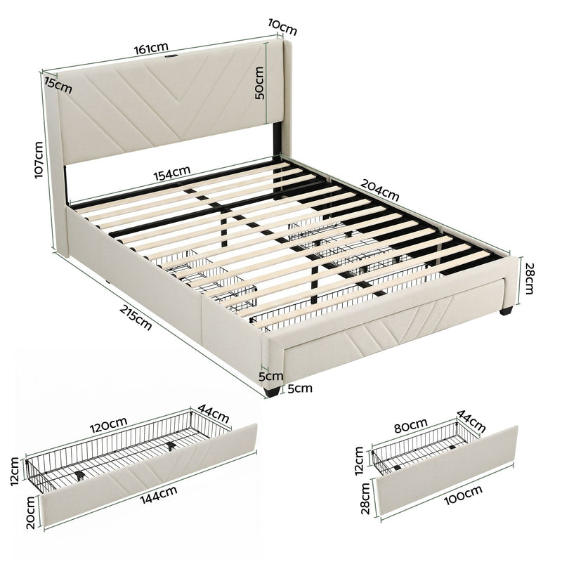 Artiss Queen Bed Frame with Charging Station and Storage Drawers Beige 300KG Noise Free - Lucendi Home