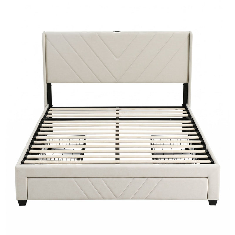 Artiss Queen Bed Frame with Charging Station and Storage Drawers Beige 300KG Noise Free - Lucendi Home