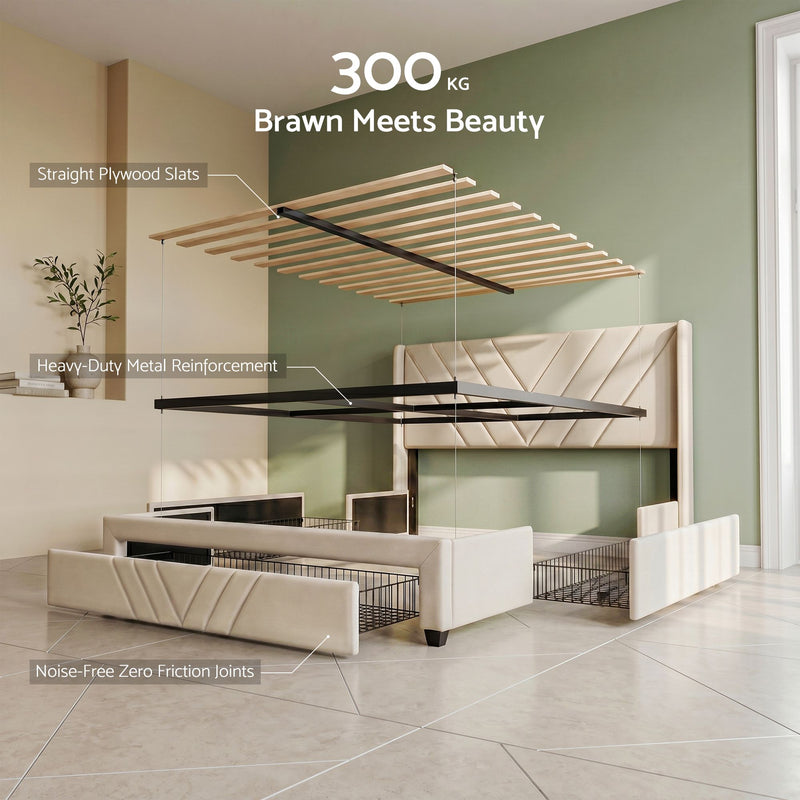 Artiss Queen Bed Frame with Charging Station and Storage Drawers Beige 300KG Noise Free - Lucendi Home