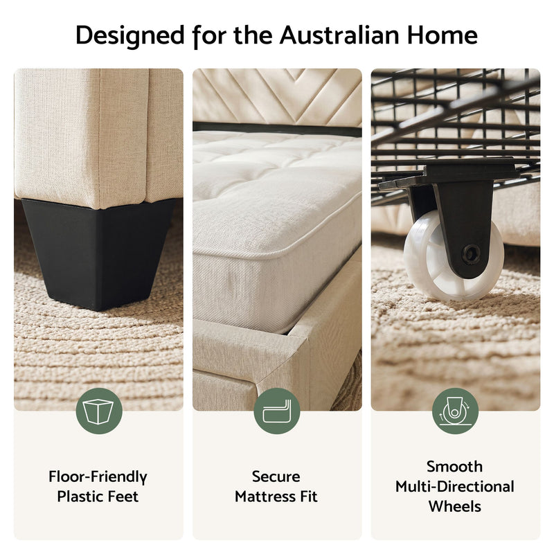 Artiss Queen Bed Frame with Charging Station and Storage Drawers Beige 300KG Noise Free - Lucendi Home
