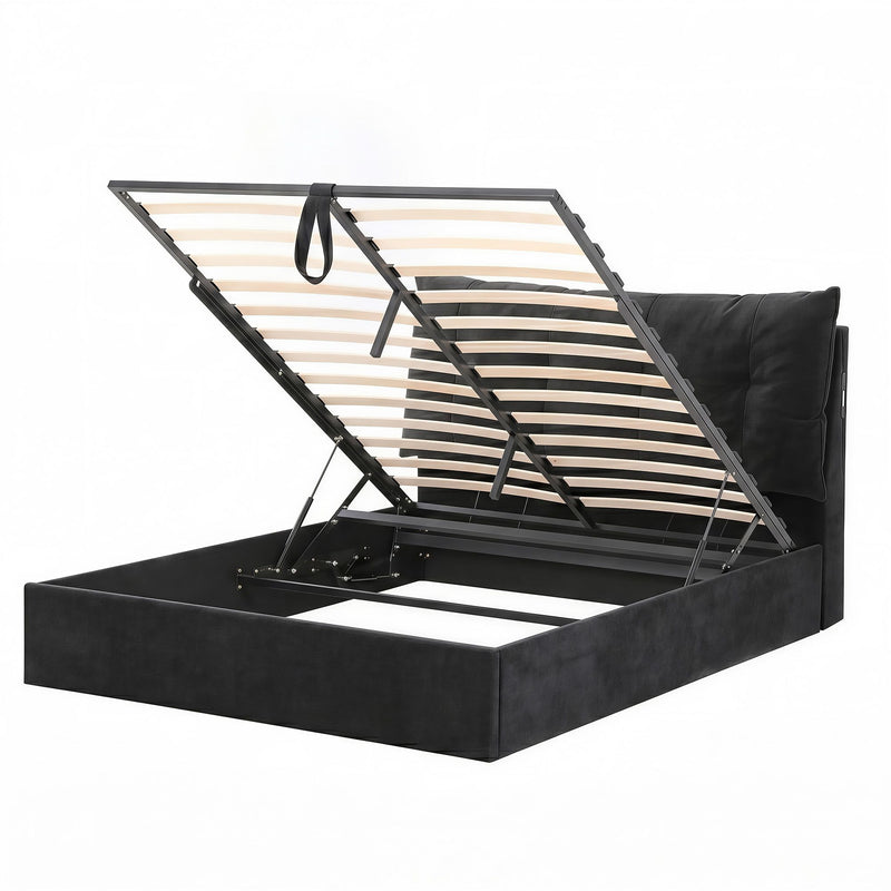 Artiss Queen Bed Frame with Horizontal Gas Lift Storage with LED Light USB Type-C Charging Station Black Velvet - Lucendi Home