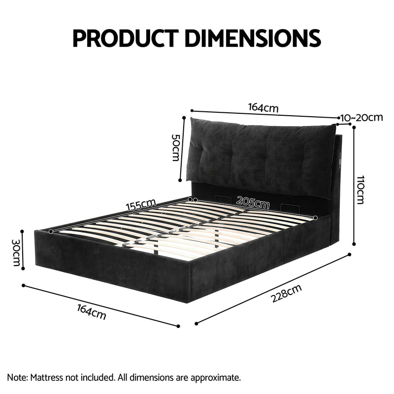 Artiss Queen Bed Frame with Horizontal Gas Lift Storage with LED Light USB Type-C Charging Station Black Velvet - Lucendi Home