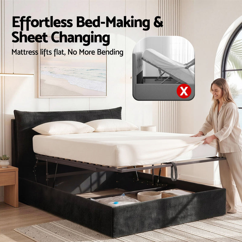 Artiss Queen Bed Frame with Horizontal Gas Lift Storage with LED Light USB Type-C Charging Station Black Velvet - Lucendi Home