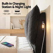 Artiss Queen Bed Frame with Horizontal Gas Lift Storage with LED Light USB Type-C Charging Station Black Velvet - Lucendi Home