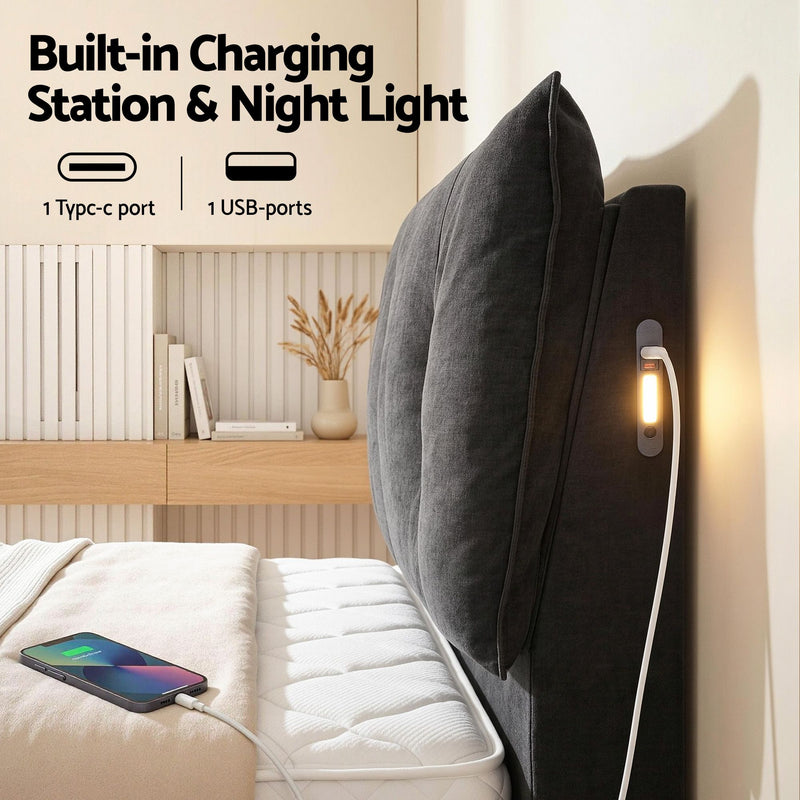 Artiss Queen Bed Frame with Horizontal Gas Lift Storage with LED Light USB Type-C Charging Station Black Velvet - Lucendi Home