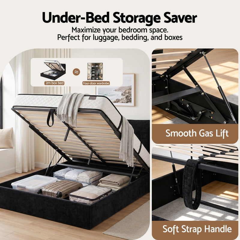 Artiss Queen Bed Frame with Horizontal Gas Lift Storage with LED Light USB Type-C Charging Station Black Velvet - Lucendi Home