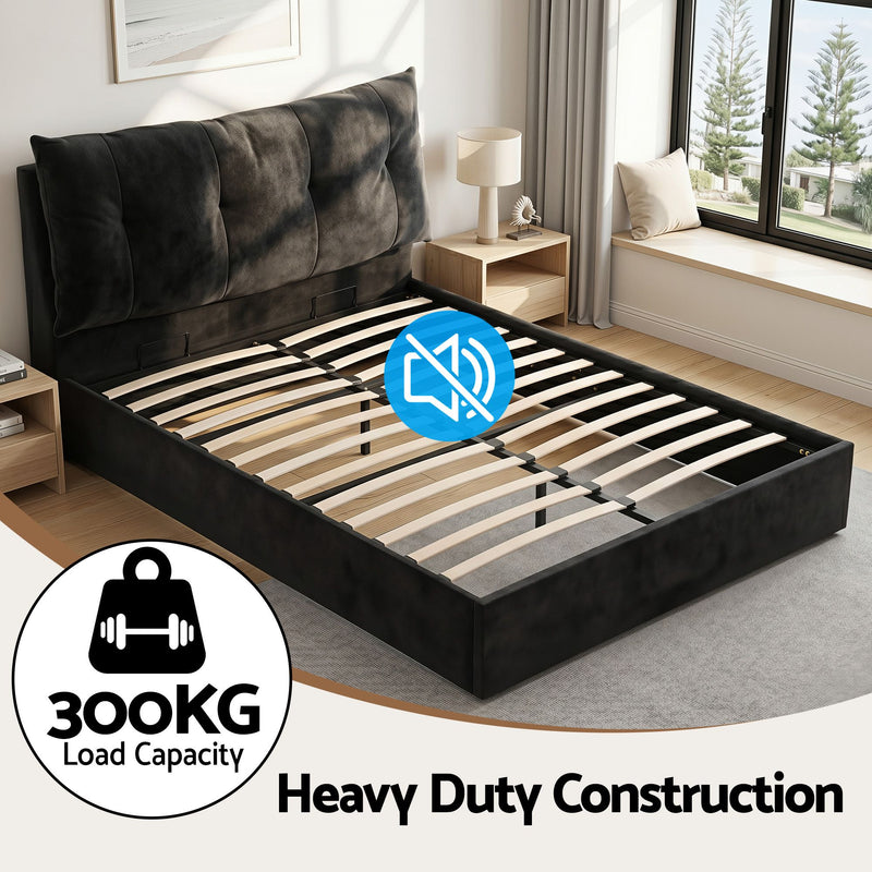 Artiss Queen Bed Frame with Horizontal Gas Lift Storage with LED Light USB Type-C Charging Station Black Velvet - Lucendi Home