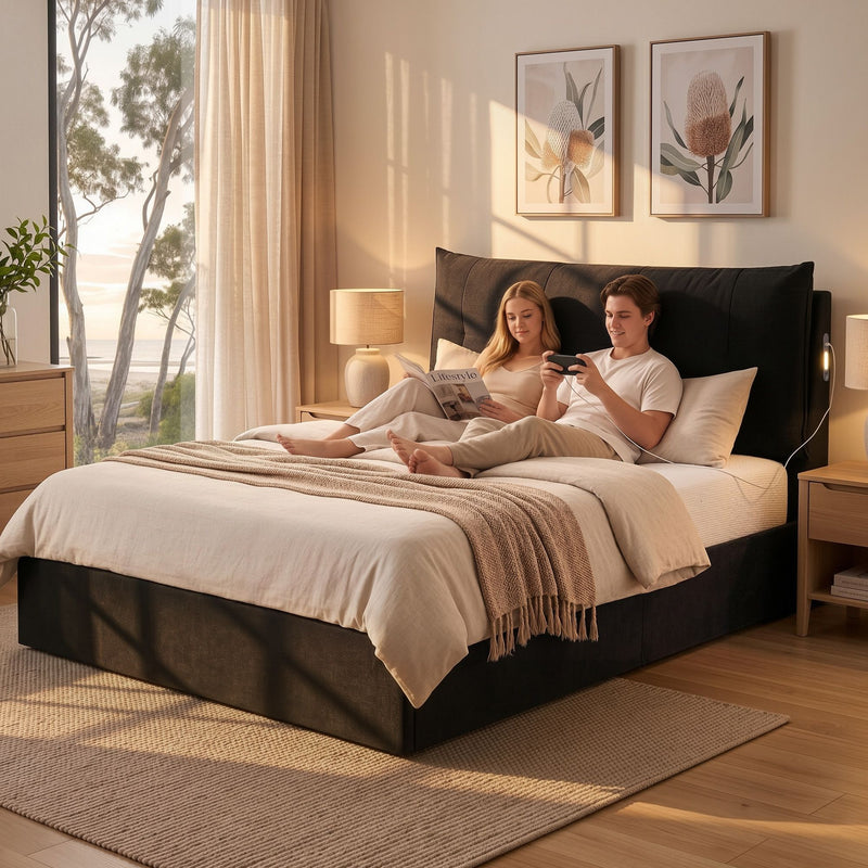 Artiss Queen Bed Frame with Horizontal Gas Lift Storage with LED Light USB Type-C Charging Station Black Velvet - Lucendi Home