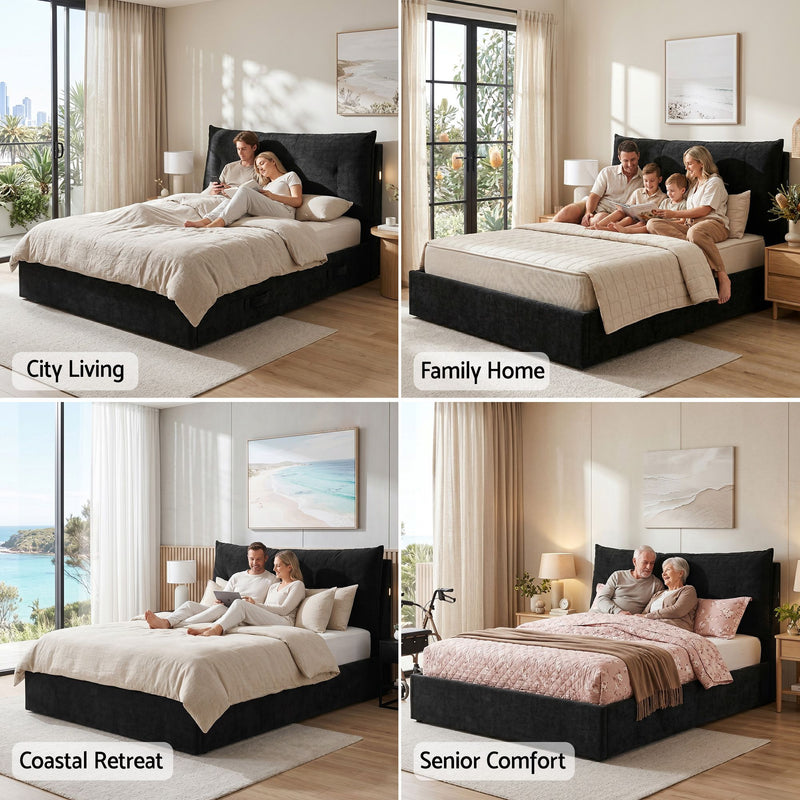 Artiss Queen Bed Frame with Horizontal Gas Lift Storage with LED Light USB Type-C Charging Station Black Velvet - Lucendi Home