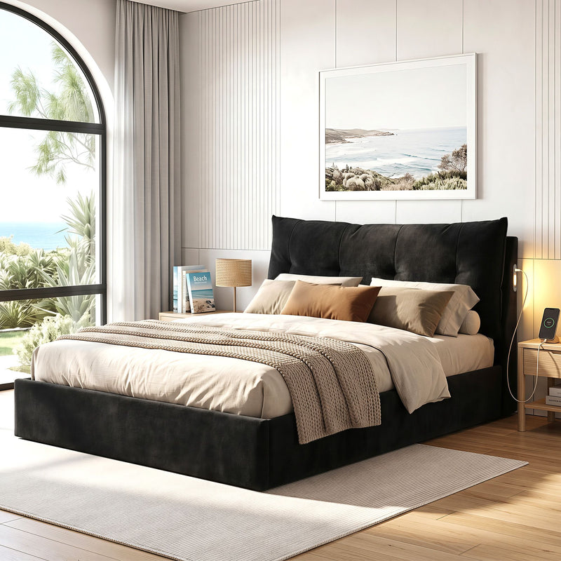 Artiss Queen Bed Frame with Horizontal Gas Lift Storage with LED Light USB Type-C Charging Station Black Velvet - Lucendi Home